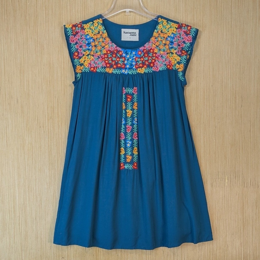 Savanna Jane Teal Blue Embroidered Floral‎ Boho Western Shift Dress Womens Small